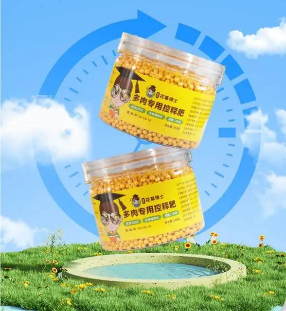 Two clear plastic containers of controlled release fertilizer for succulents and potted plants are displayed on green grass.