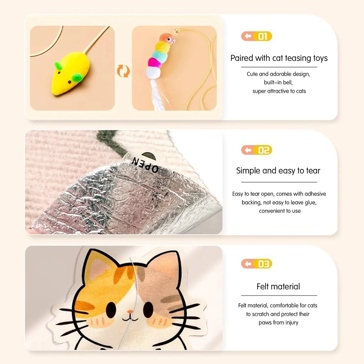 A set of cat teasing toys and a felt material cat scratcher for cats.