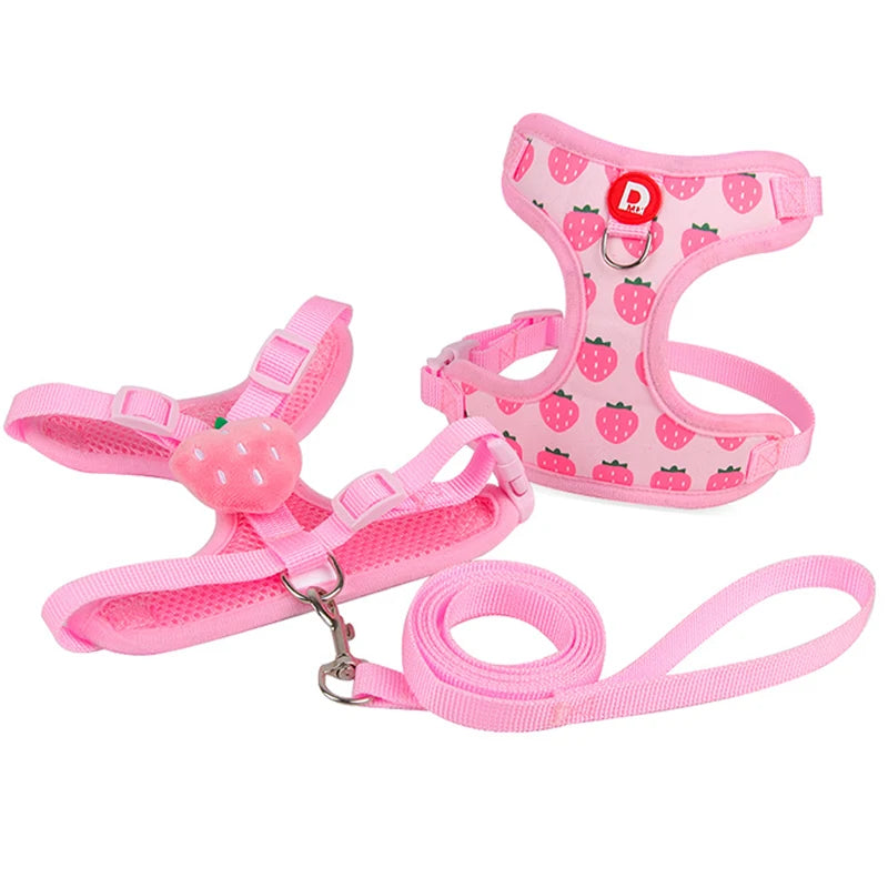 Strawberry Print Dog Harness and Leash Set