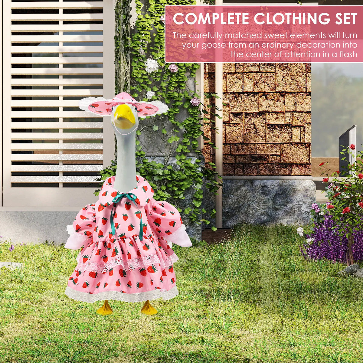 A complete clothing set for a cute porch goose decoration featuring pink and red floral patterns.
