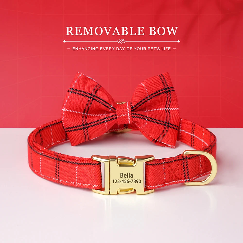 Red plaid removable bow collar for a pet with a gold buckle and engraved nameplate