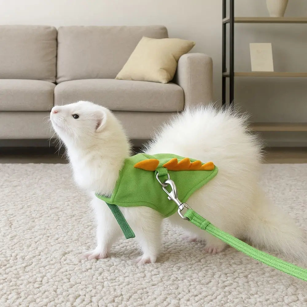 A white pet ferret wearing a green vest harness with an orange collar, standing on a light carpet.