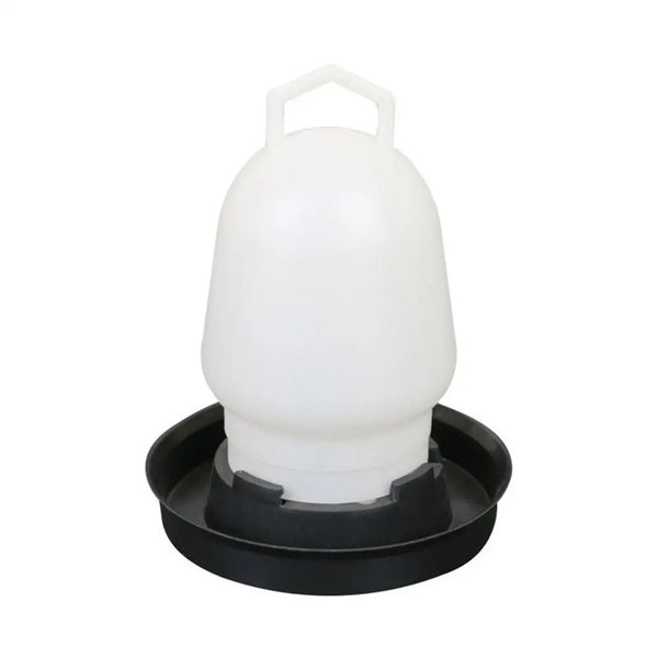 White automatic poultry waterer with a black base and cap.