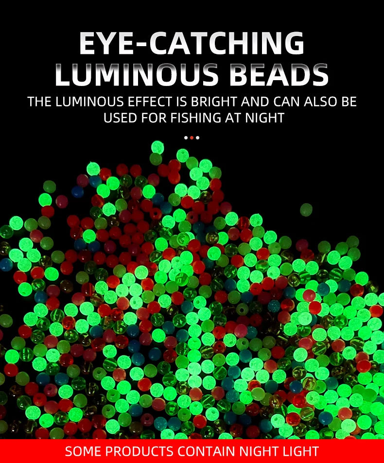 A close-up of a pile of eye-catching luminous beads in various colors, including green, red, and blue.