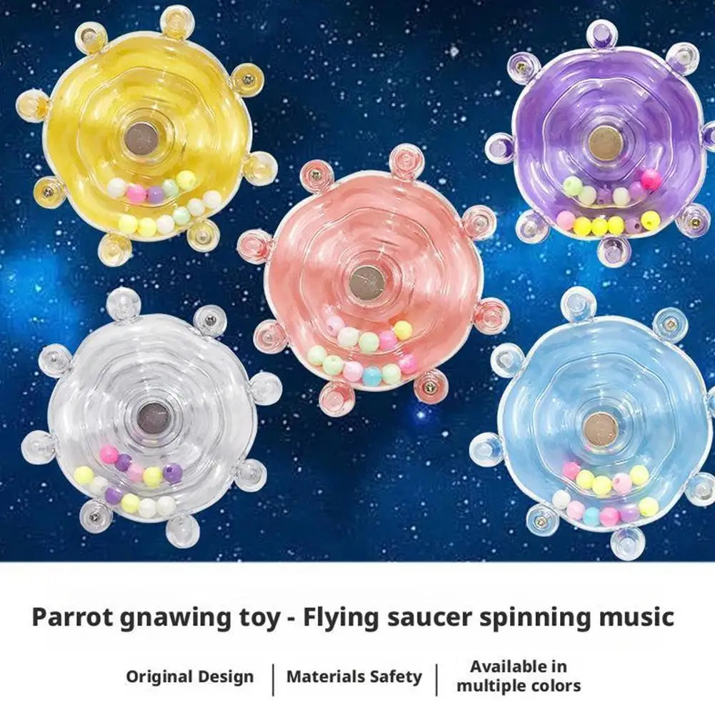 A set of colorful rotating parrot gnawing toys or flying saucers in various shades like yellow, pink, purple, and blue.