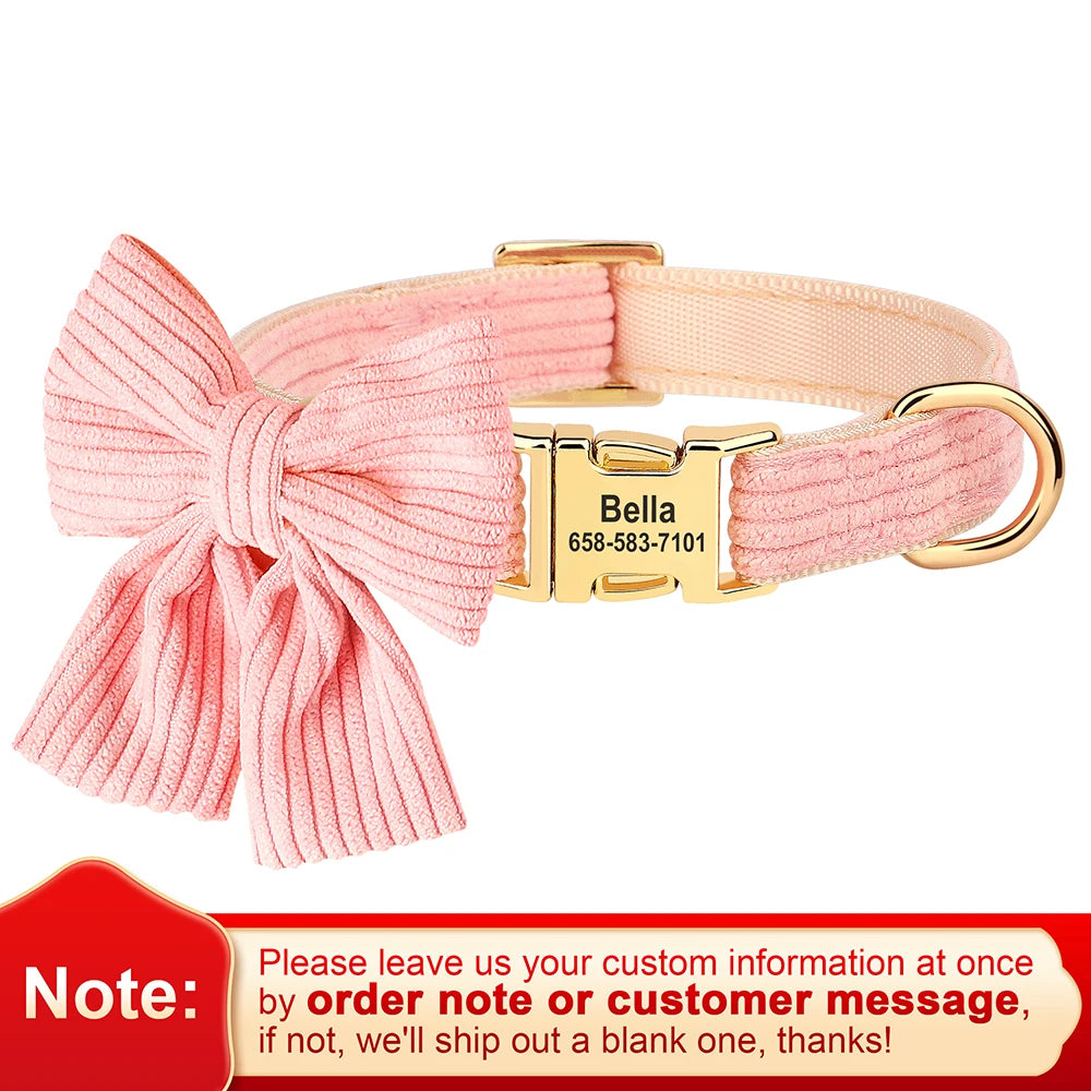 Pink velvet dog collar with a large bow knot and gold hardware