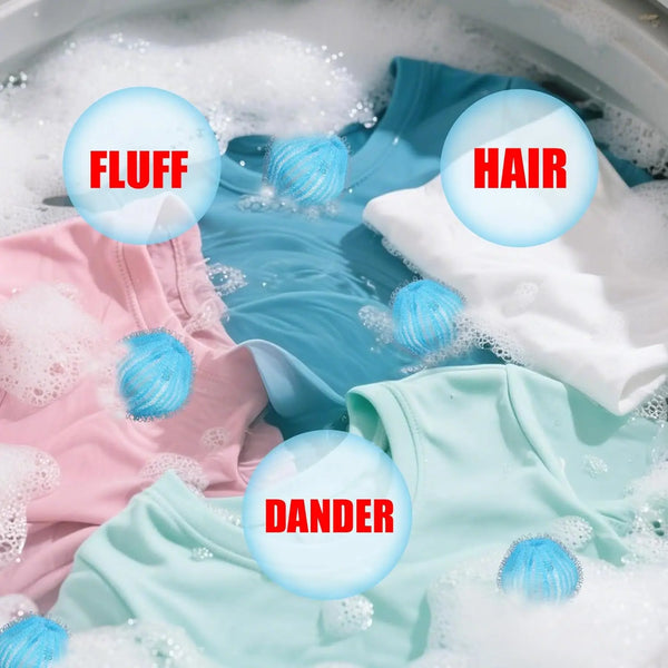 Close-up of pink and light blue laundry items submerged in soapy water with labels indicating fluff, hair, and dander.