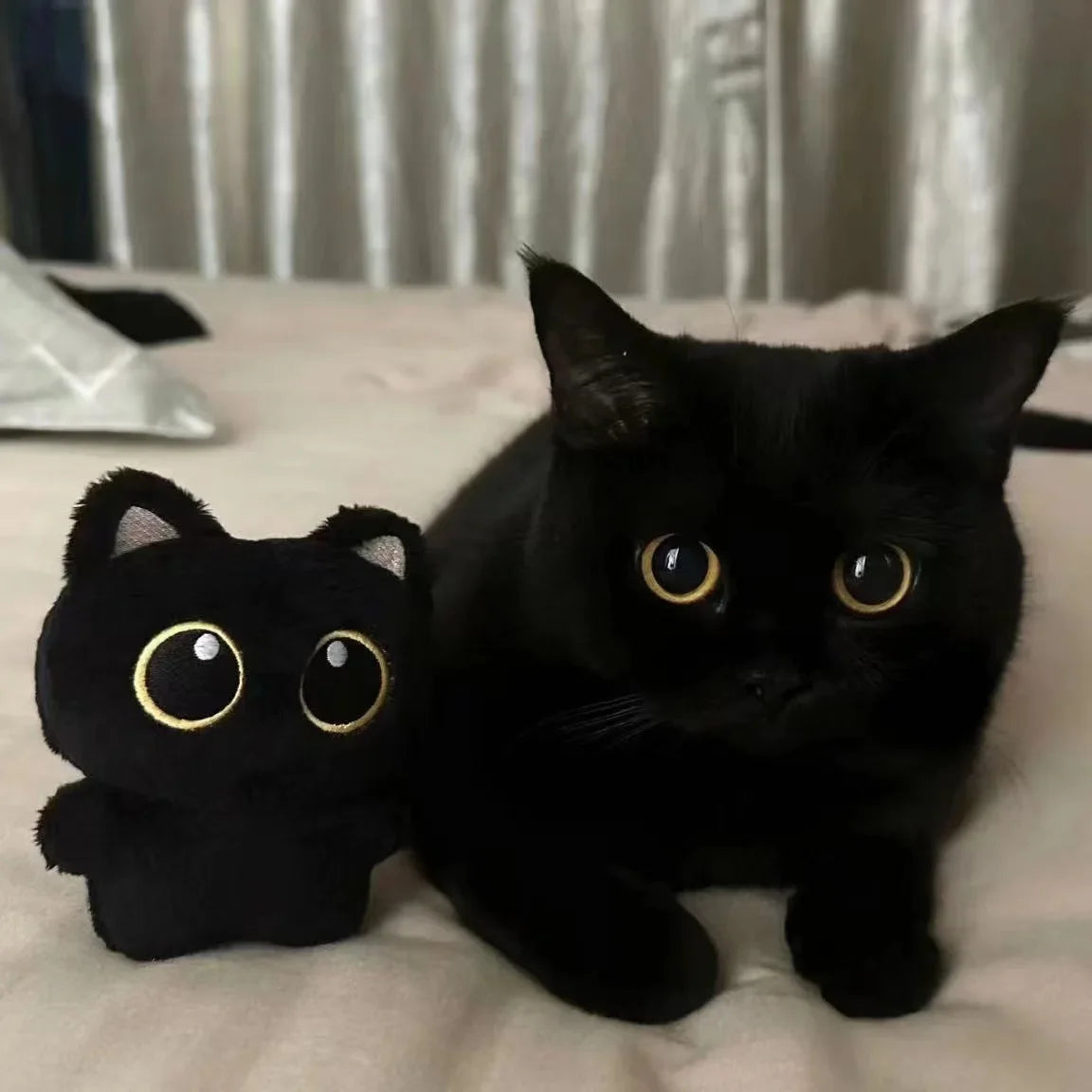 A small black cat plush pendant with gold eyes resting on a light-colored surface.