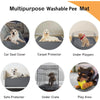 A multipurpose washable pee mat shown in various uses including car seat cover, carpet protector, under playpen, sofa protect