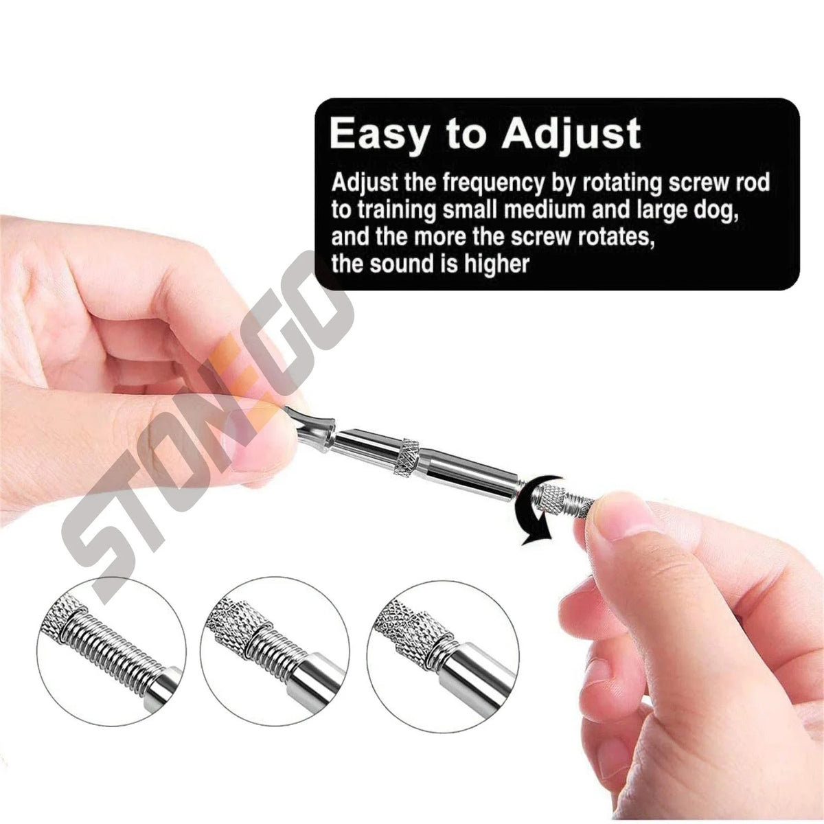A hand adjusts an ultrasonic dog training whistle by rotating a screw rod to change the sound frequency.