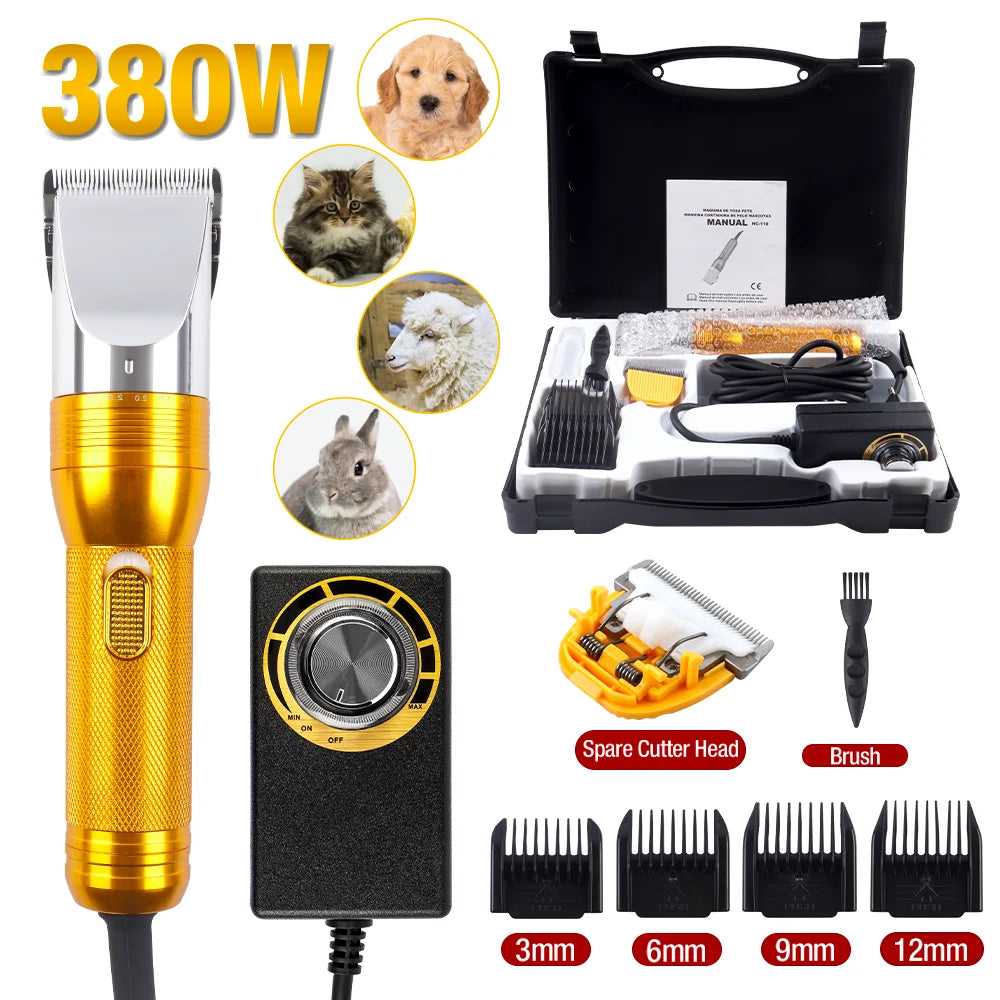 A set of pet grooming tools including a trimmer, brush, and various sized cutter heads for pet hair grooming.