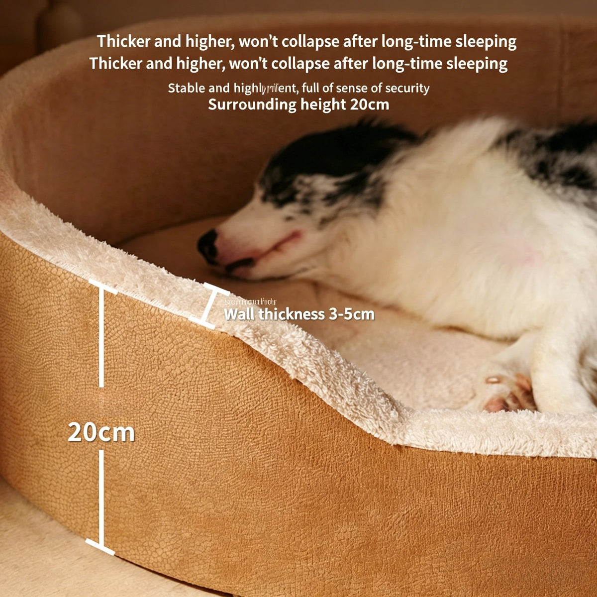 A dog is resting inside a thick, tan leather dog house bed with a removable cushion.