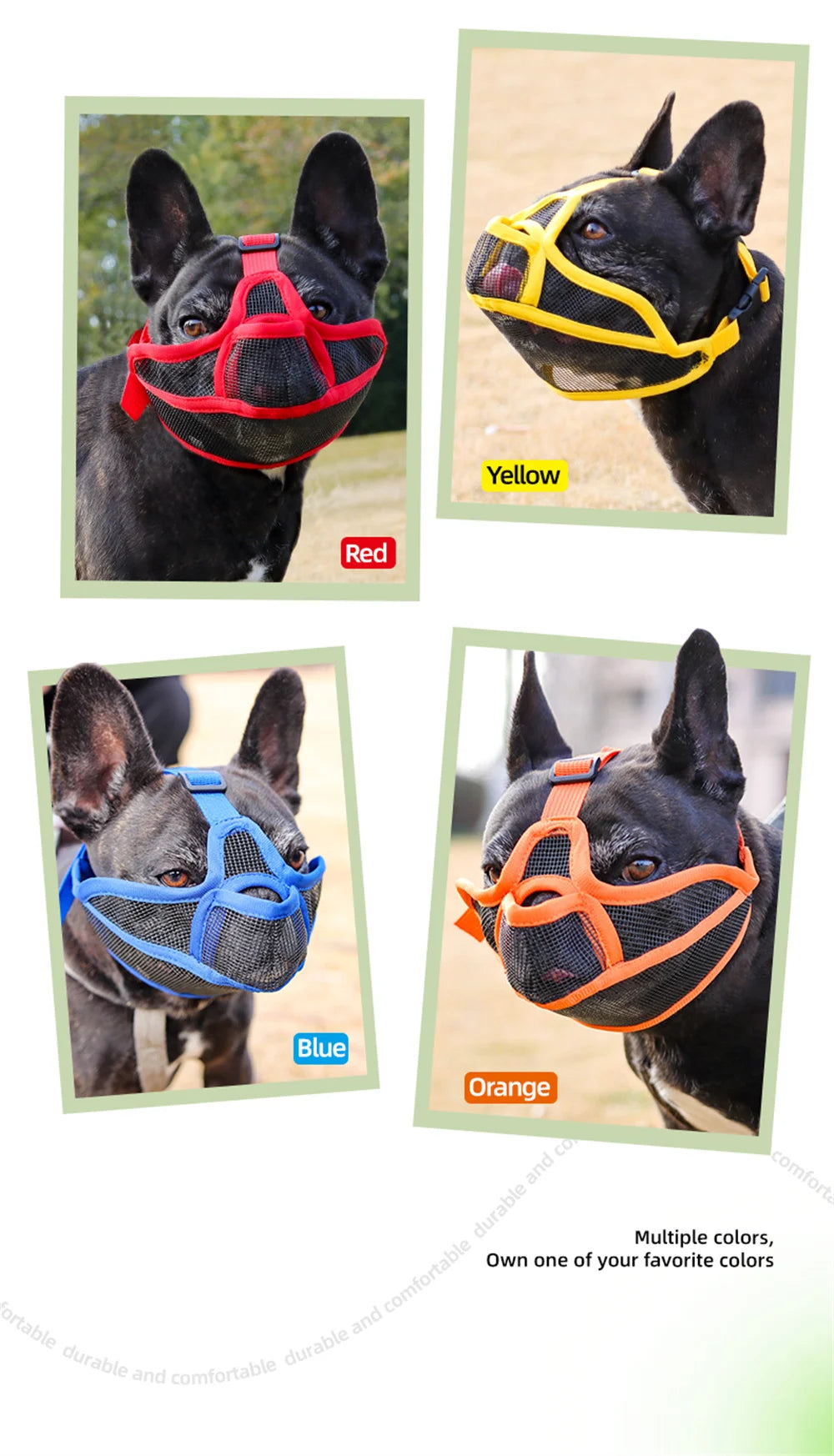 A collection of black dog muzzle products in red, yellow, blue, and orange colors.
