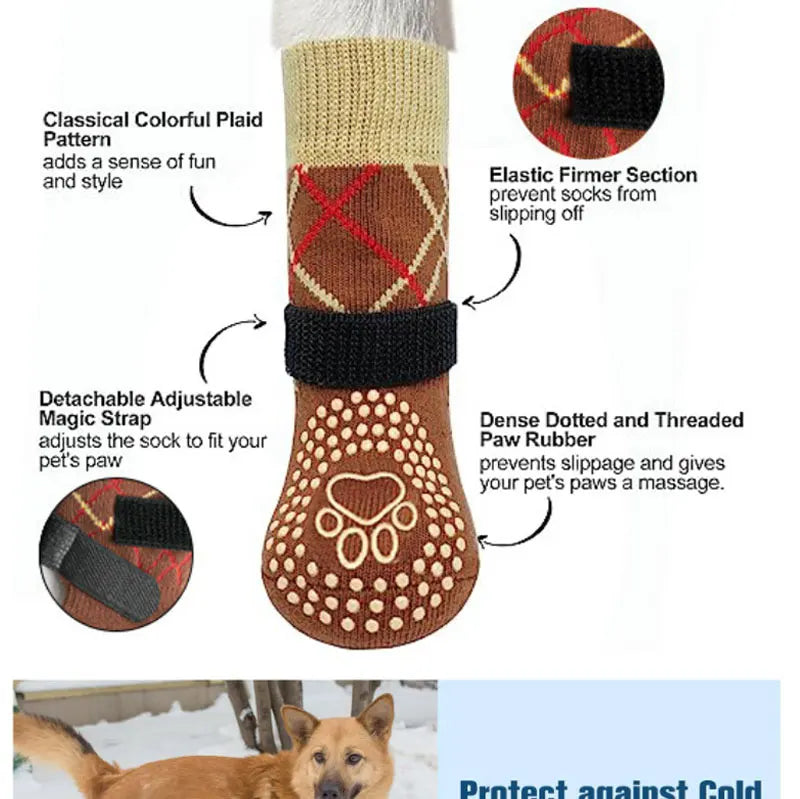 Anti-Slip Knitted Dog Socks with Adjustable Straps (4-Pack)