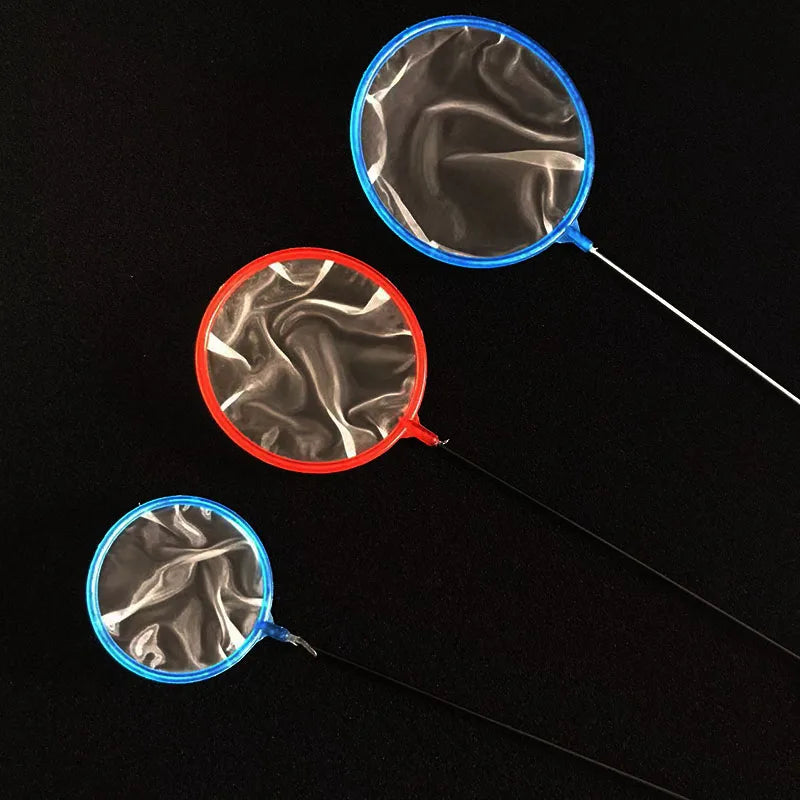Three fine mesh aquarium landing nets with blue and red frames are displayed against a black background.
