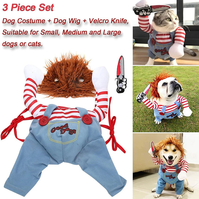 A blue dog costume featuring a red and white striped shirt, a wig, and a velcro knife for dogs or cats.