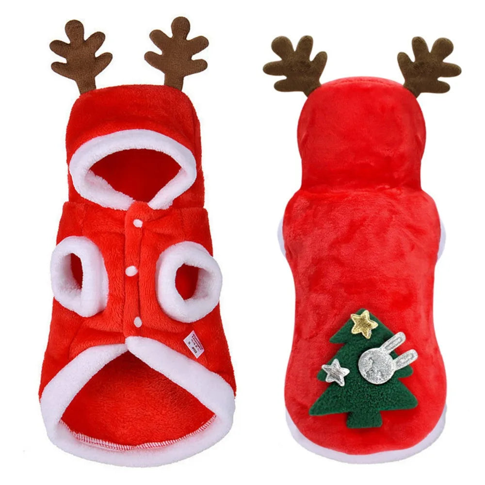Festive red fleece dog sweater with deer and Christmas tree print