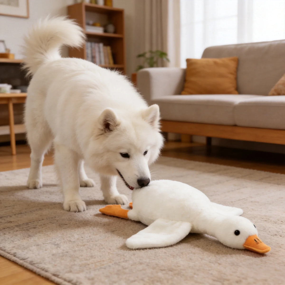A white plush duck toy lying on a beige rug next to a fluffy white dog.