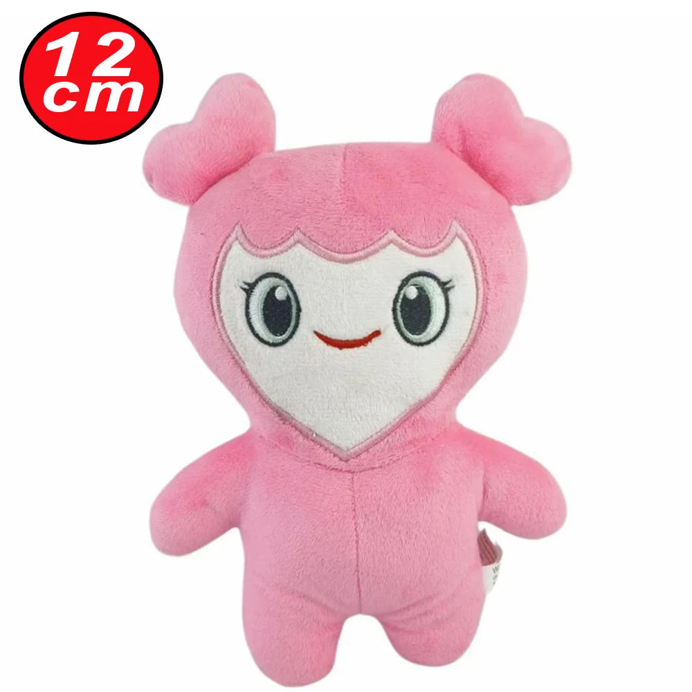 Pink plush keychain of a cute, round creature with large eyes and pink ears