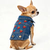 Un petit chien brun clair portant une veste en jean décorée de fraises rouges.