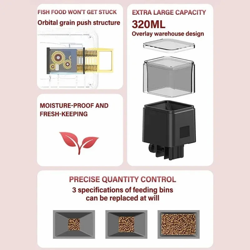 Automatic fish feeder with an overlay design, moisture-proof features, and feeding bins for precise quantity control.