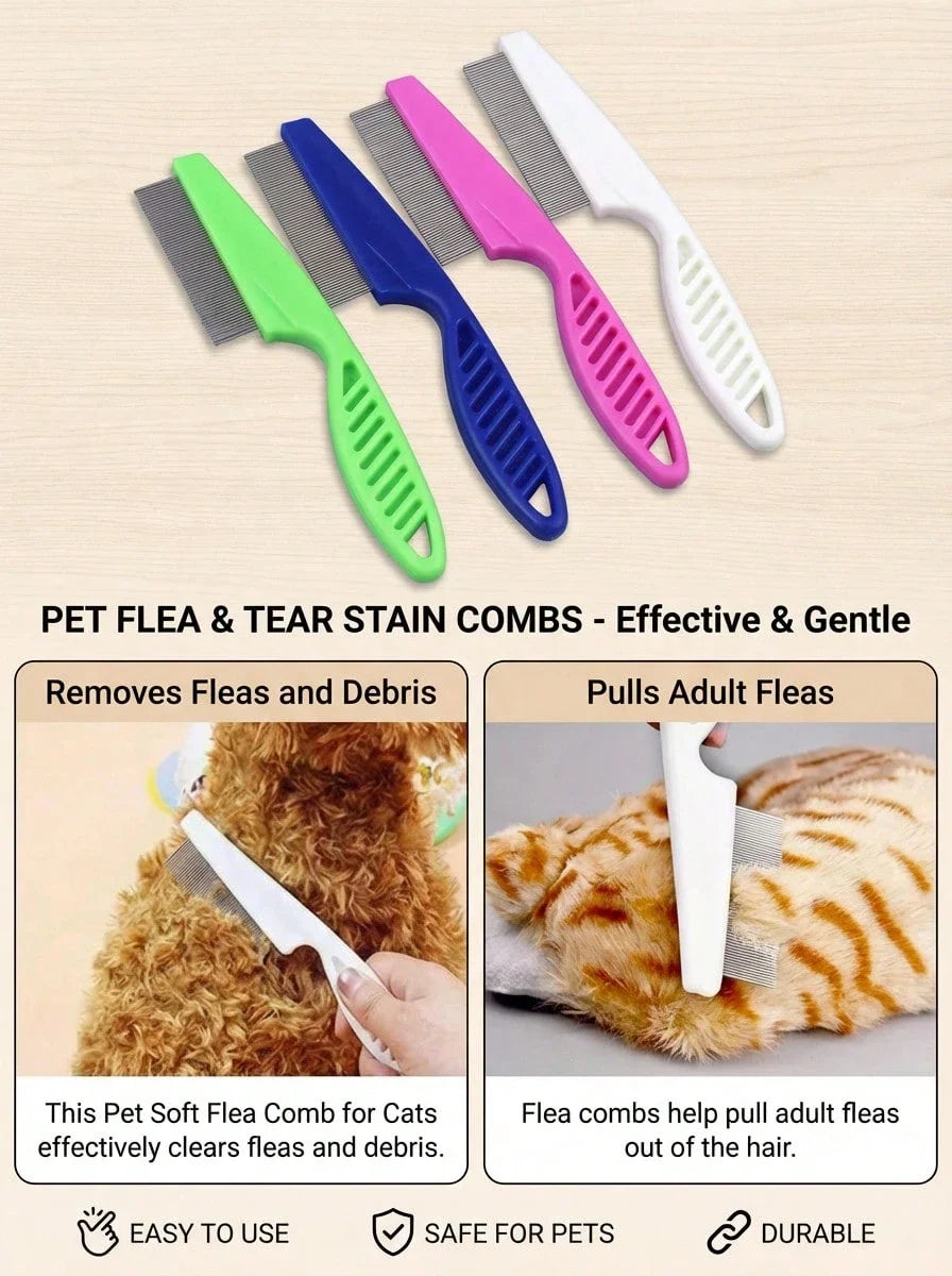 A set of pet flea and tear stain combs in various colors including green, blue, pink, and white, shown next to a cat's fur.