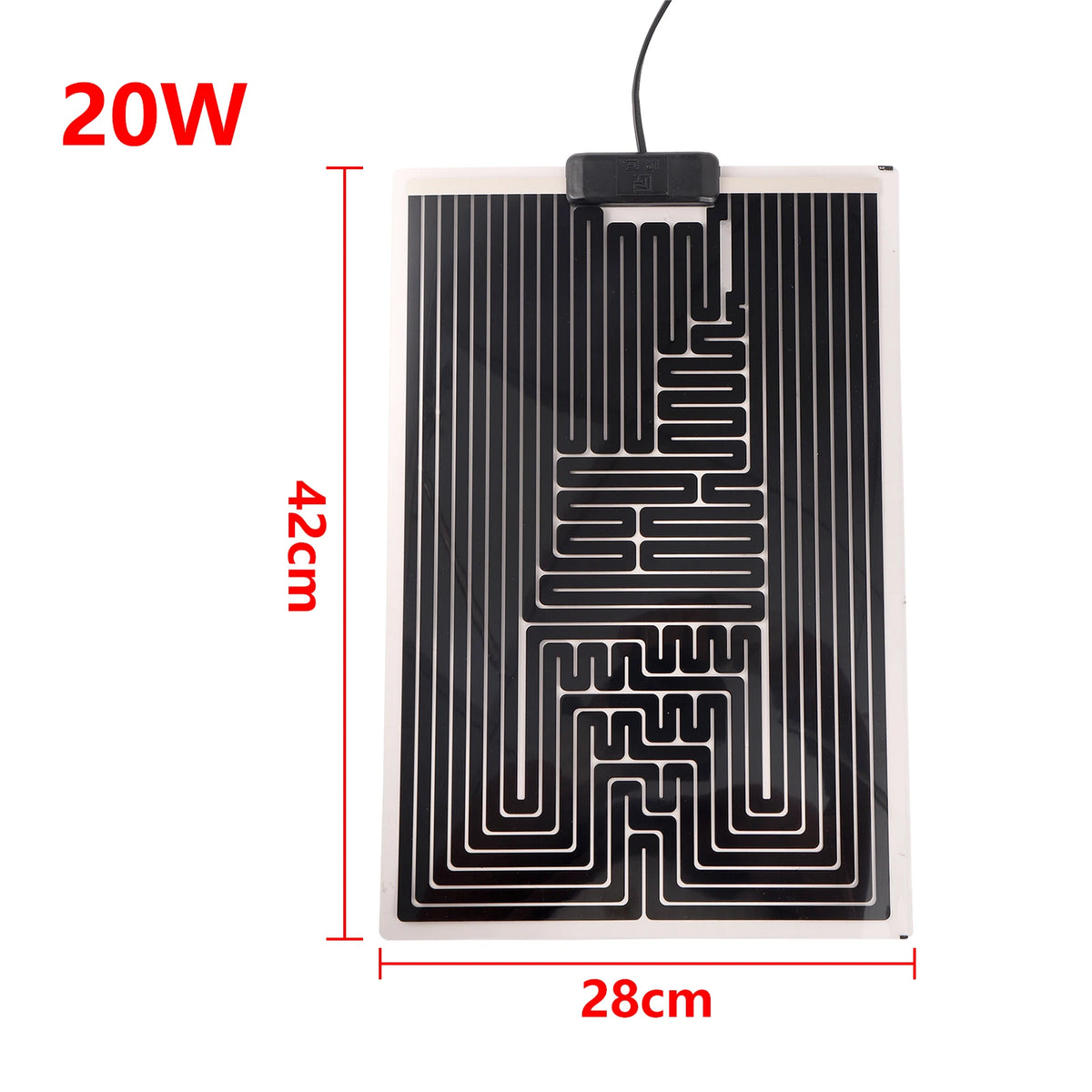 A black reptile heat mat with a serpentine heating element and thermostat, measuring 28cm by 42cm.