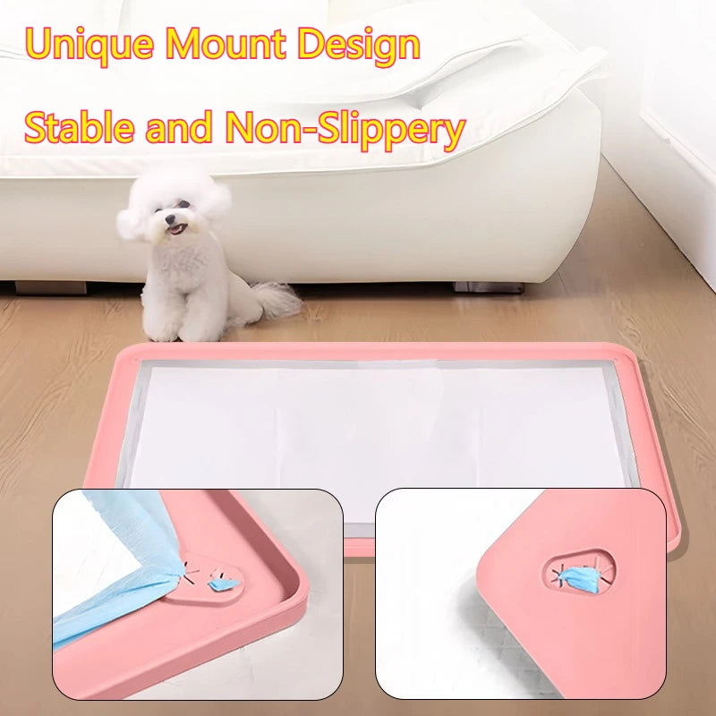 Pink silicone dog pee pad holder with raised edges shown next to a white dog and a close-up of the product design
