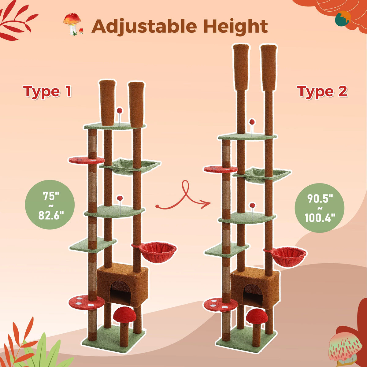 Two adjustable height cat trees, Type 1 and Type 2, featuring different levels and accessories.