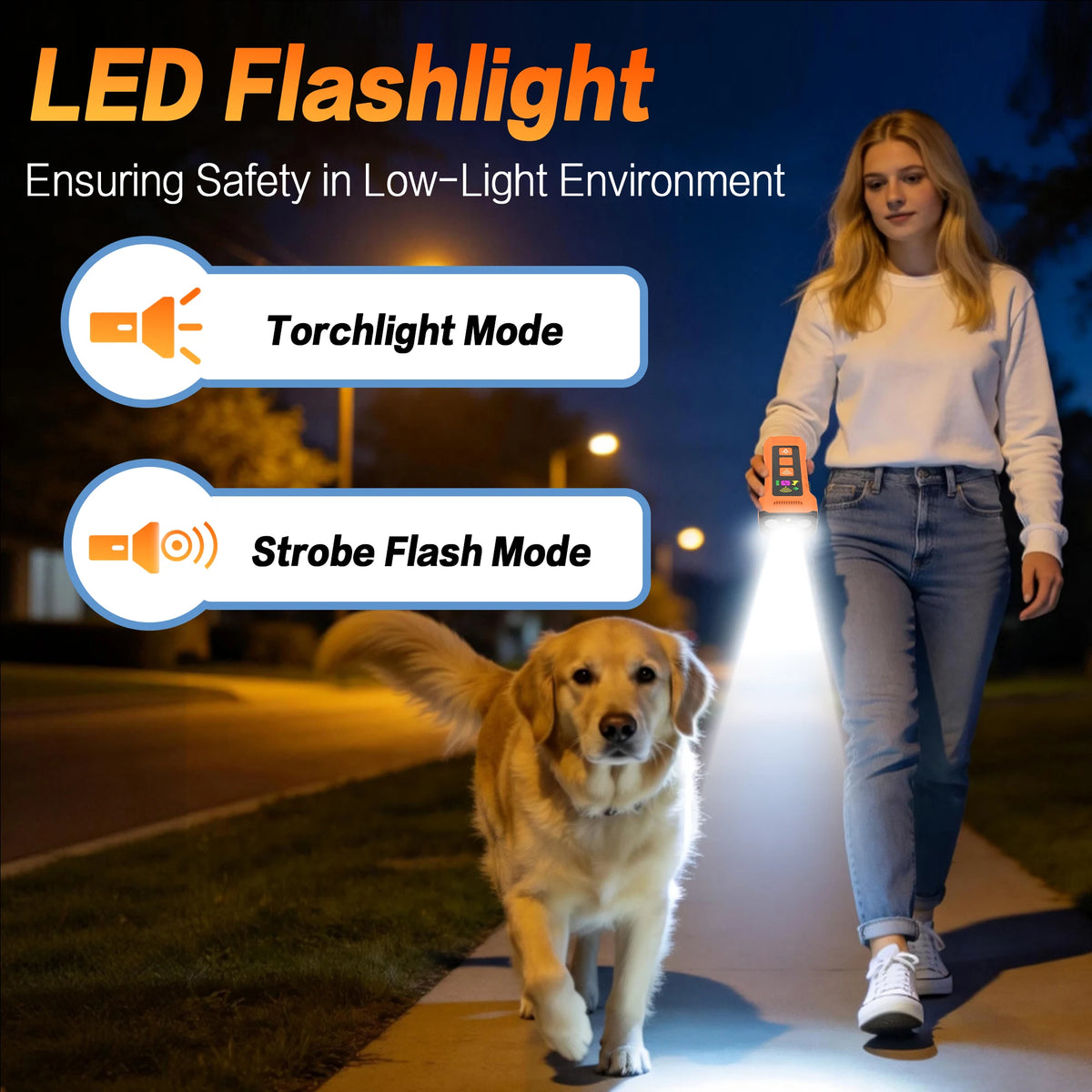 A woman is walking a dog in low light with an LED flashlight illuminating the path.