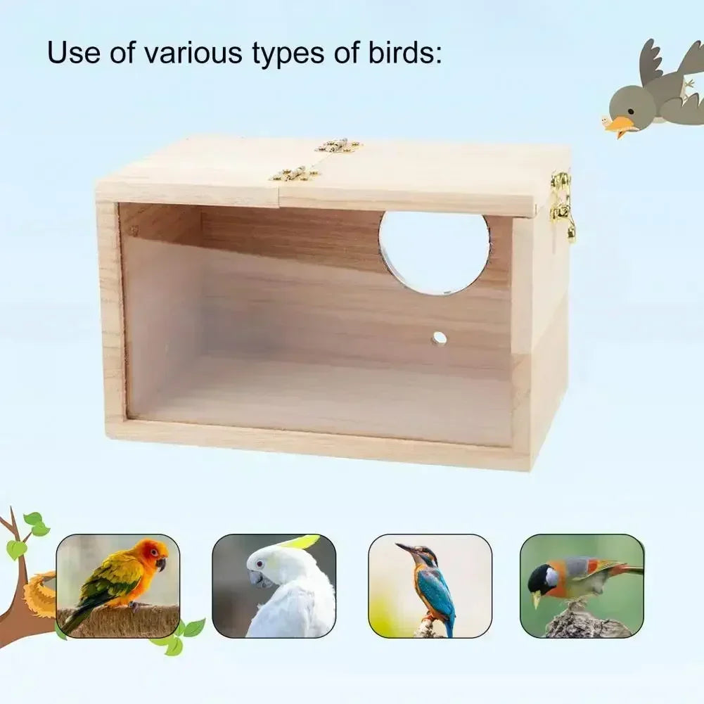 A light wood bird breeding box with a transparent viewing panel, featuring various types of birds for use.