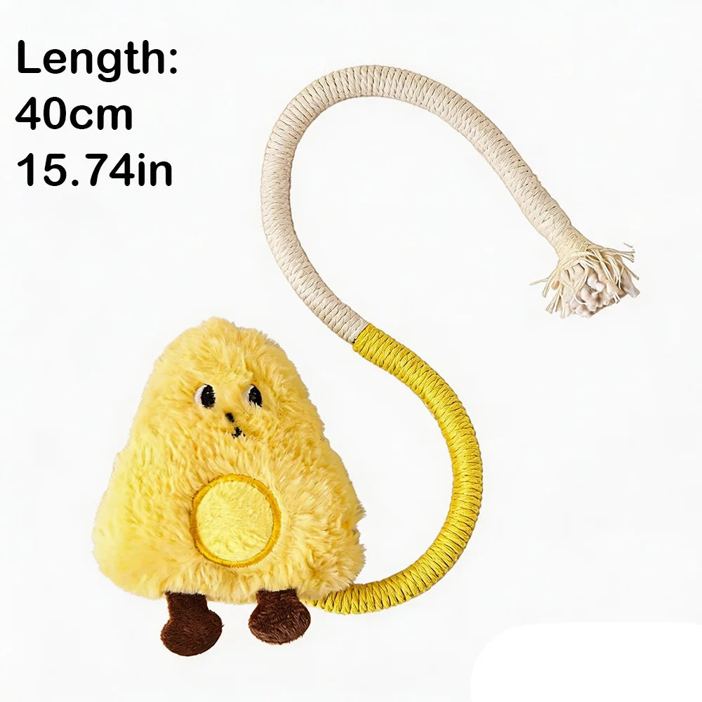Yellow fluffy cat toy shaped like a fruit with a long beige rope for play