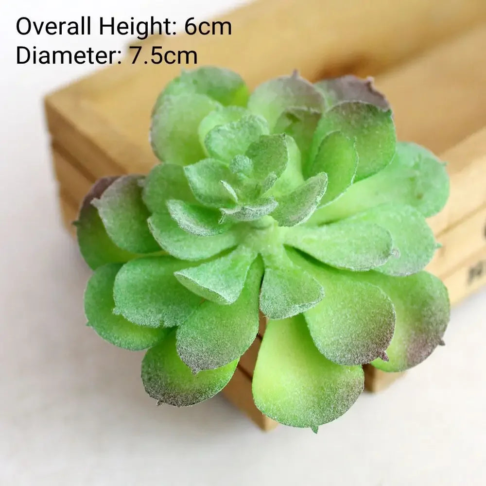 A vibrant green flocked artificial succulent plant with rounded leaves displayed in a wooden box.