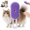 A purple grooming brush for cats is shown next to a fluffy cat and a paw with a purple brush.