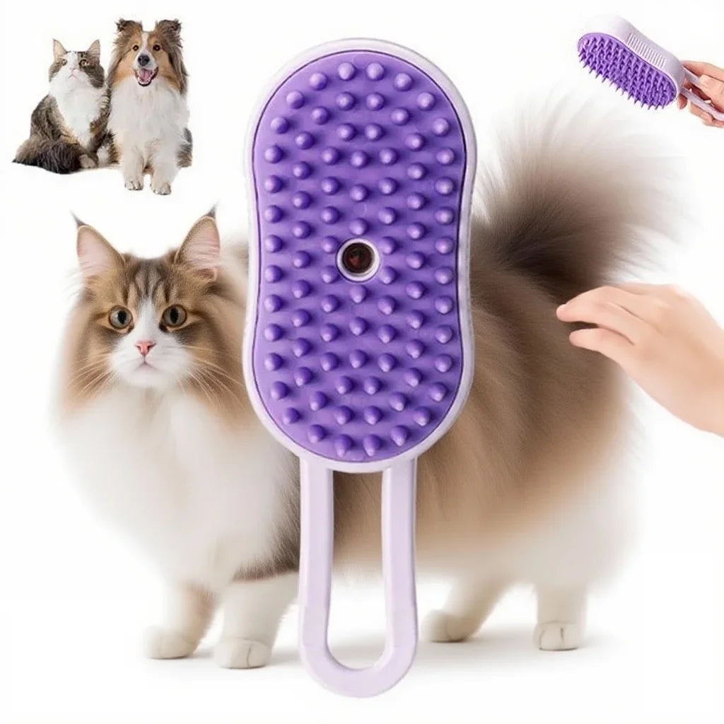 A purple grooming brush for cats is shown next to a fluffy cat and a paw with a purple brush.
