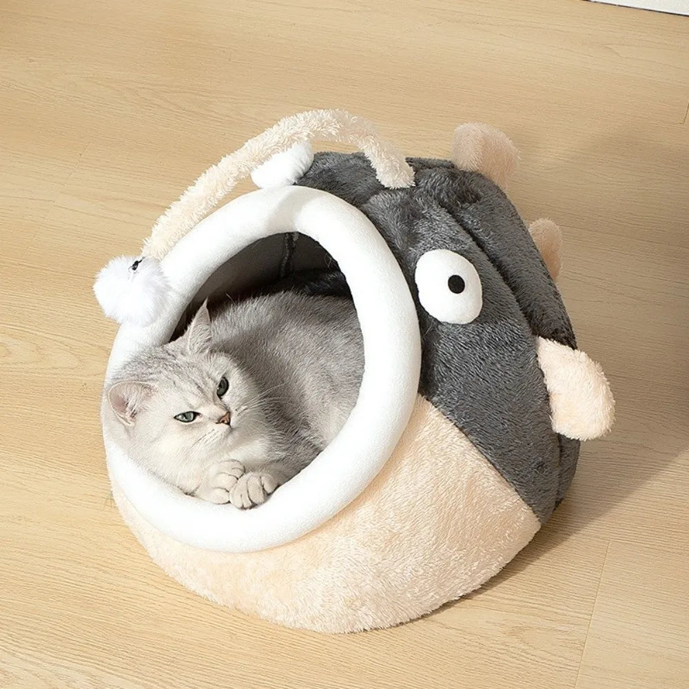 Cozy Cave Cat Bed with Lantern Fish Design