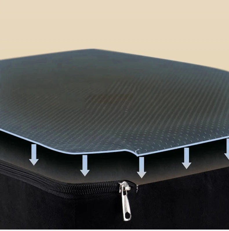A black memory foam pet ramp is shown with visible drainage holes and a zipper on the bottom.