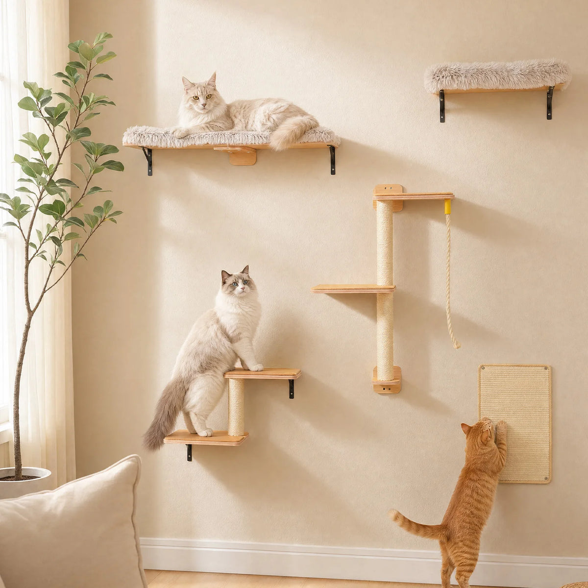 Modular Wall-Mounted Cat Climbing Shelves with Scratching Posts
