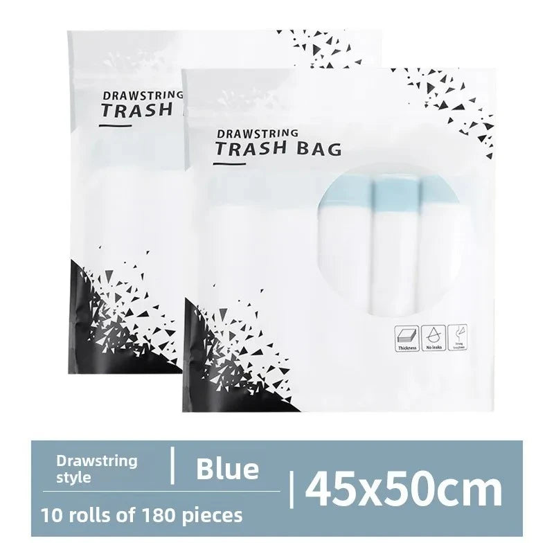 White drawstring trash bags with blue handles and a black pattern on the packaging.