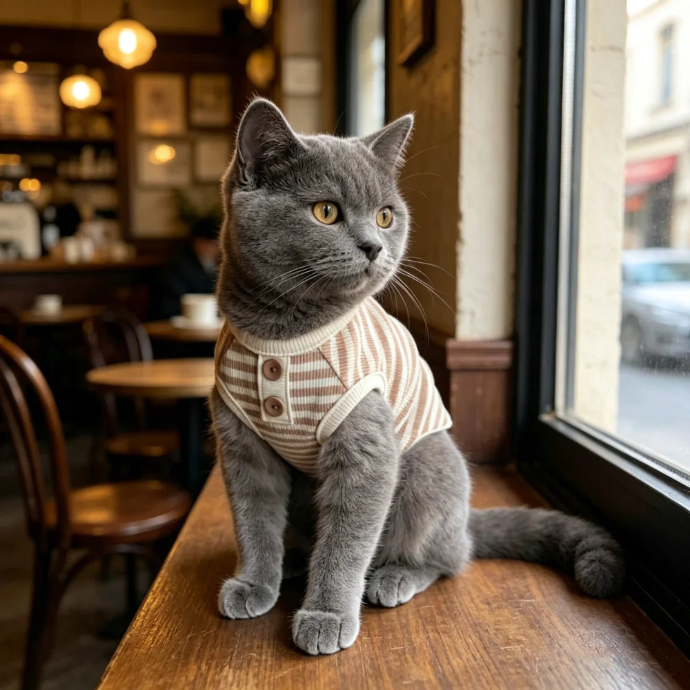 A gray cat wearing a knitted vest with light brown and cream stripes sits by a window.