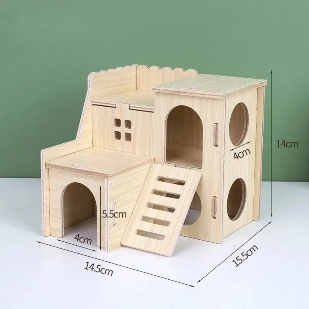 Natural Wooden Hamster Villa with Climbing Platform