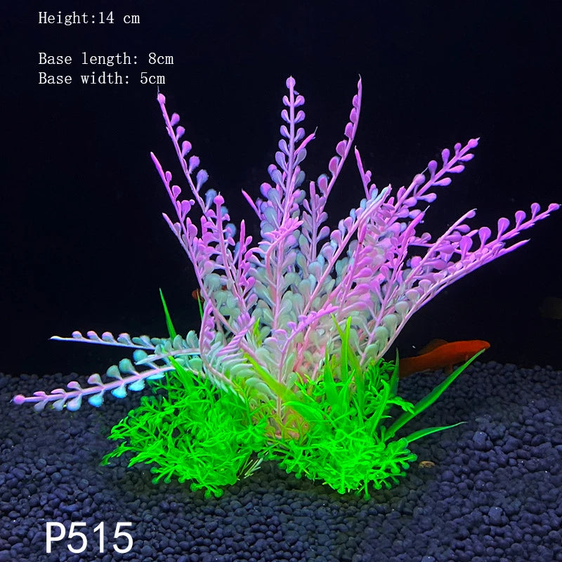 A vibrant artificial aquarium plant featuring purple and green foliage on a dark substrate.