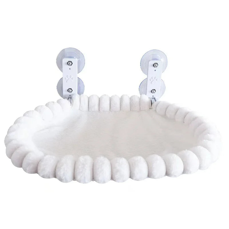 White cat window perch hammock with suction cups for a cat