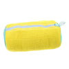 A bright yellow, textured fabric shoe washing bag with a light blue zipper.