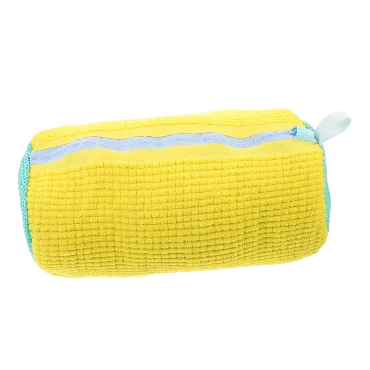 A bright yellow, textured fabric shoe washing bag with a light blue zipper.