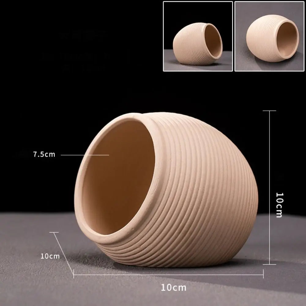 A beige ceramic aquarium shrimp hideaway cave with ribbed texture shown in various angles.
