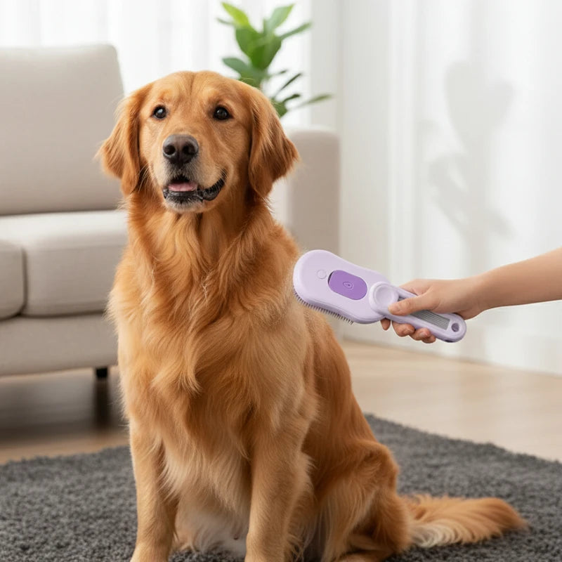 A golden retriever sits while a hand uses a purple grooming brush on its coat.