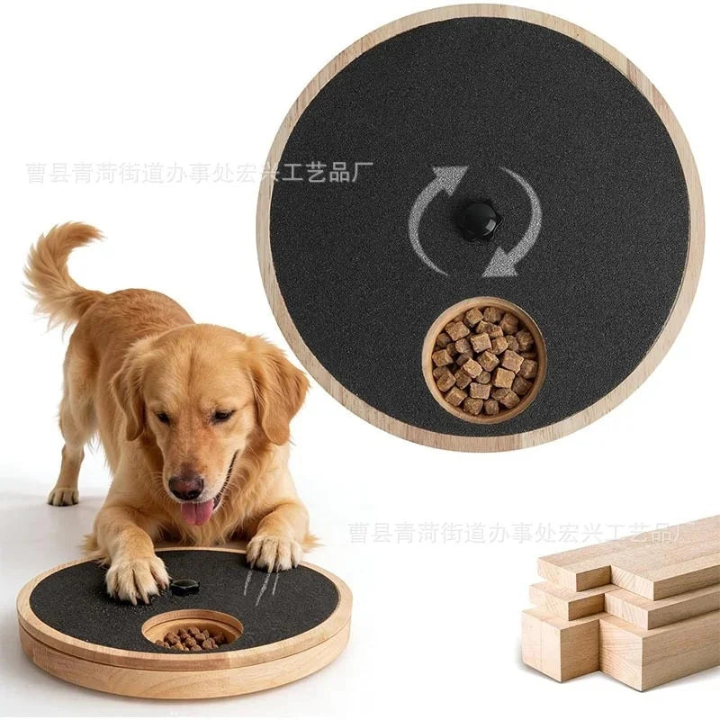 A rotating wooden treat puzzle toy for dogs with a slow feeder design and nail care features shown on a wooden base.