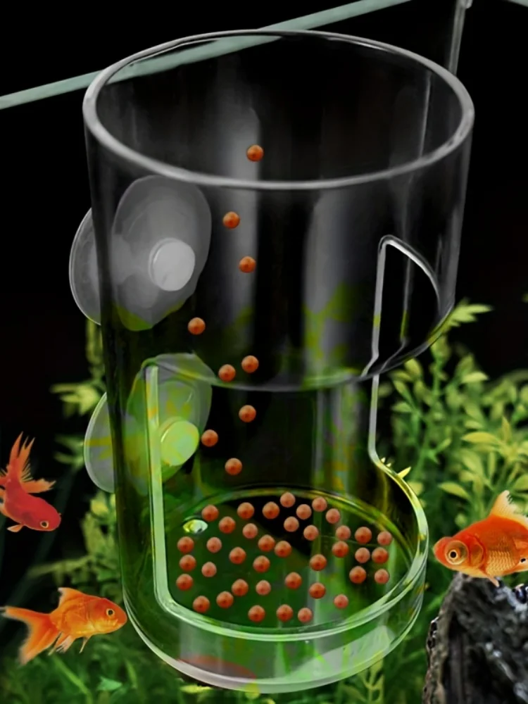 A clear glass feeder ring containing small orange fish food pellets, set against a background of green aquatic plants.