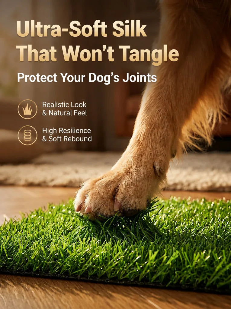 A dog's paw rests on a green, artificial grass mat used for toilet training.